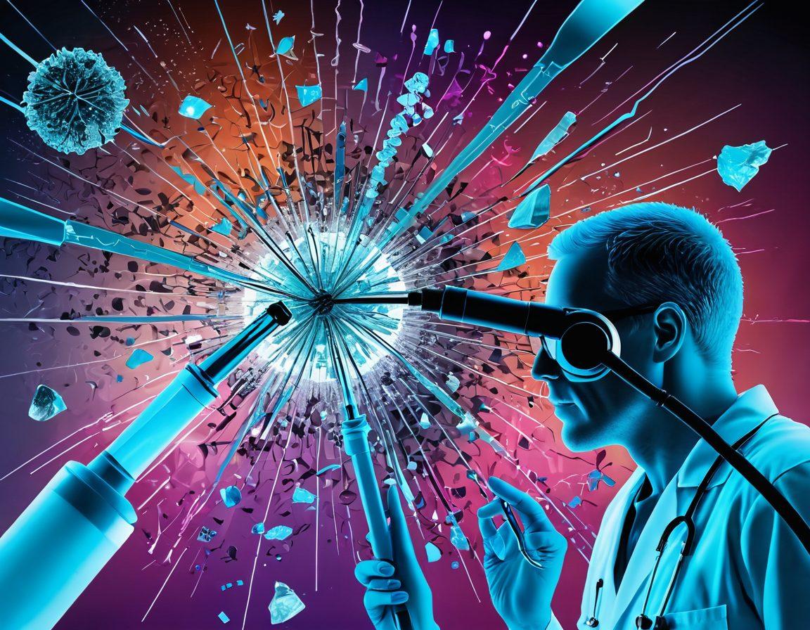 A powerful and thought-provoking visual representation featuring a shattered glass wall symbolizing broken cancer myths, with a microscope and a stethoscope in the foreground. In the background, vibrant colors illustrate a diverse group of people engaging in supportive dialogue about cancer awareness and treatments. Infographics about cancer diagnosis and treatment options subtly integrated into the background. super-realistic. vibrant colors. high contrast.