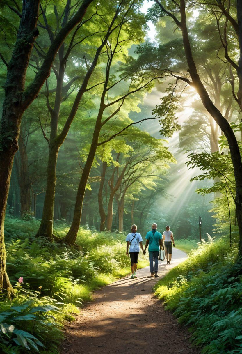 A serene pathway through a lush green forest symbolizing the journey of cancer care, with light filtering through trees representing hope. Include diverse people walking together, sharing stories and resources, with subtle icons of healthcare symbols like a ribbon and stethoscope. Overall, convey a sense of community, support, and resilience. vibrant colors. soft light. nature-inspired.